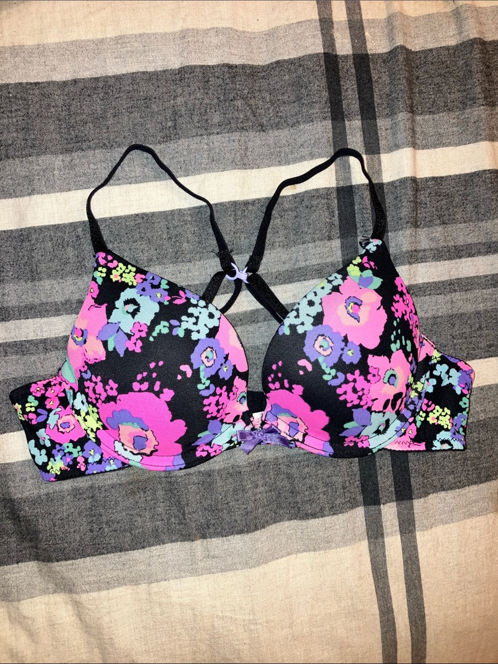 Xhilaration Black Floral Push-Up Bra with Pink, Purple & Mint Accents